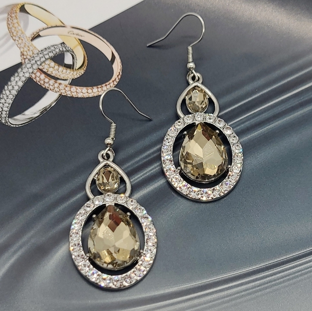 Vintage Champagne Crystal Silver Drop Earrings